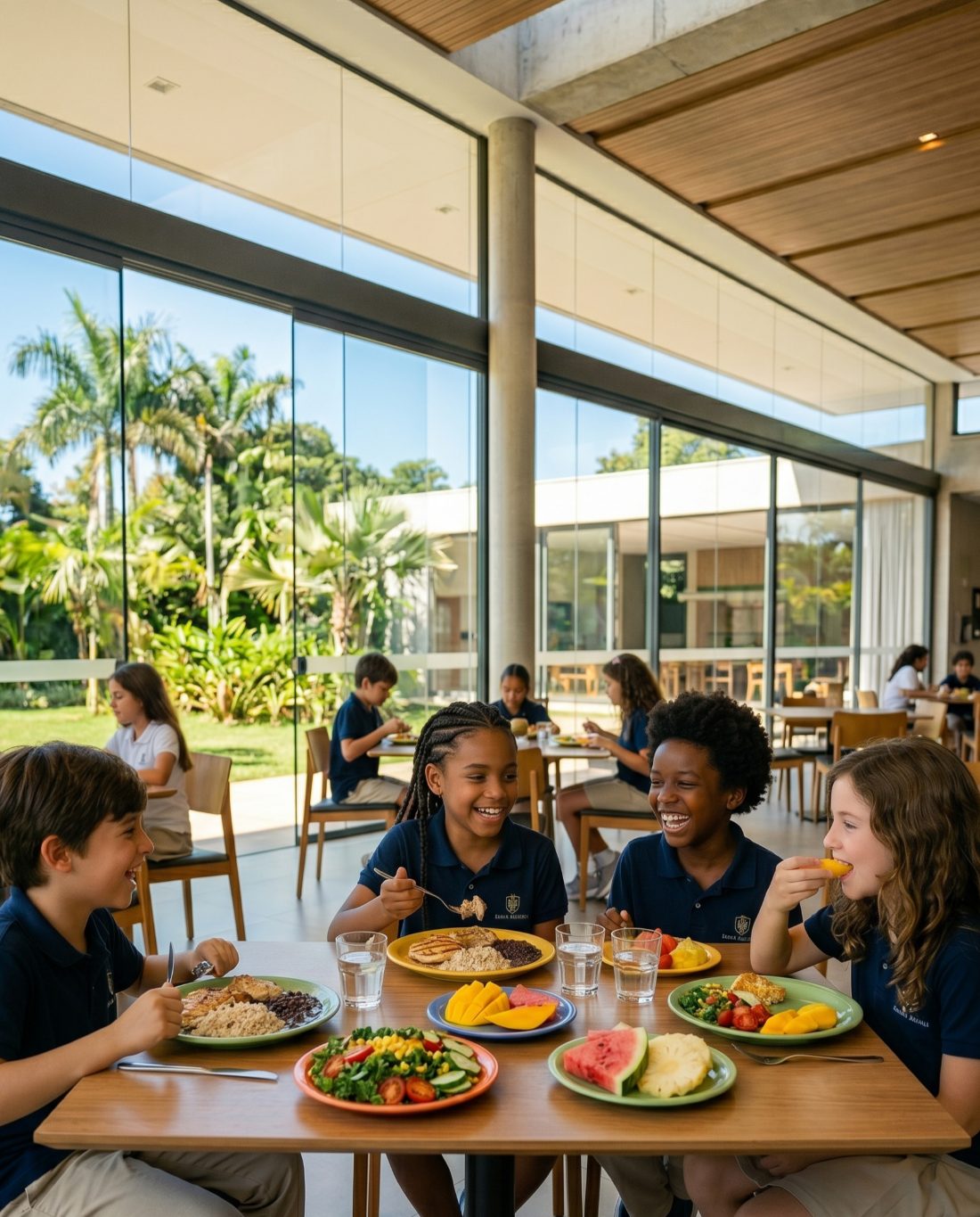 Crianças sorrindo enquanto comem frutas e um almoço colorido no refeitório da escola